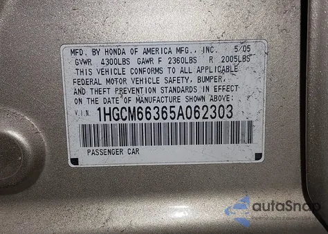 2005 Honda Accord 3.0 Lx из США, поврежденный, VIN 1HGCM66365A062303